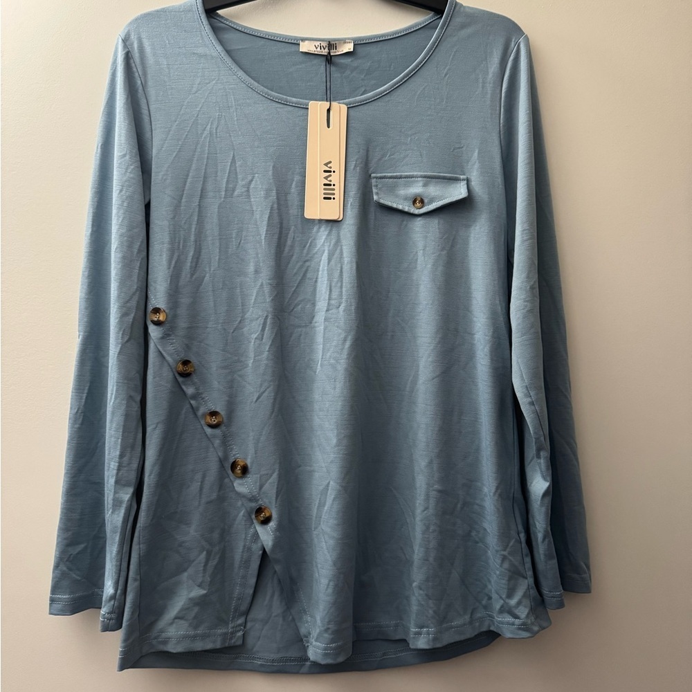 Vivilli Blue Asymmetrical Buttoned Long Sleeve Blouse